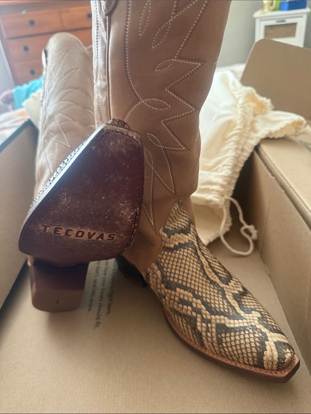 Tecovas Tan Leather & Snakeskin-Print Mid-Calf Heeled Boots
